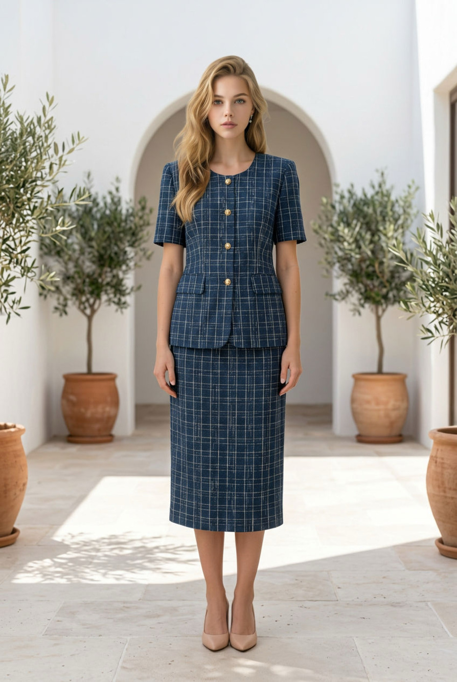 Vintage Two-Piece Plaid Skirt Suit Set with Button-Front Jacket